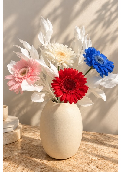 Premium Şoklanmış Gerçek Çiçek Buketi 4 Renkli Gerbera Ve Beyaz Dekoratif Yapraklar Çok  Renkli