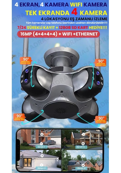 4 Kameralı Wifi Güvenlik Kamerası - Kubbe Kamera 360 Kör Noktasız Güvenlik Çözümü