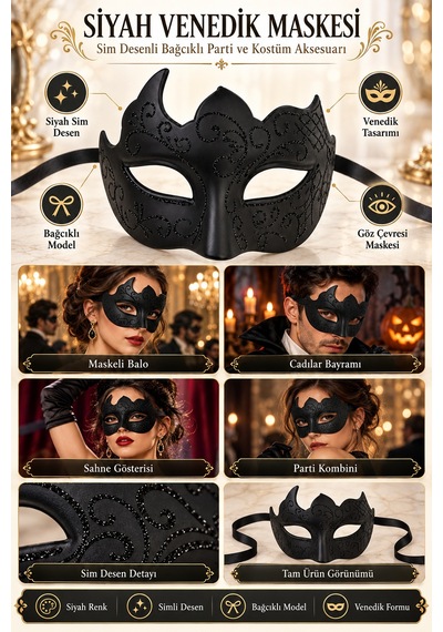 Siyah Venedik Maskesi Sim Desenli Bağcıklı Maskeli Balo Parti Kostüm Halloween Cadılar Bayramı