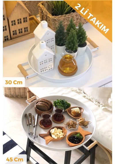 Kitchen Trend Ahşap Kulplu Metal Tepsi 2'li 45 CM+Beyaz Çay Kahve Sunum Tepsisi 30 CM