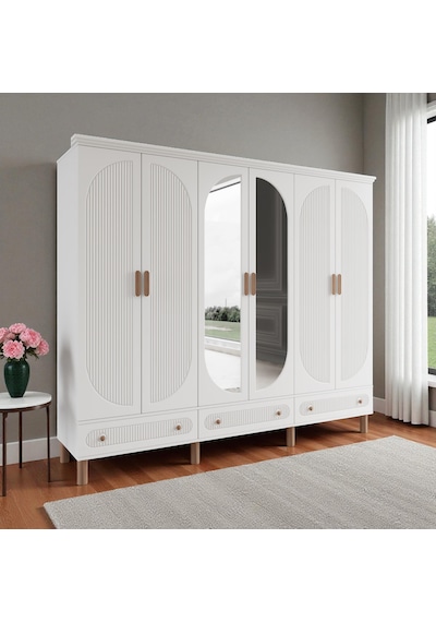 Comiet Sally 6 Kapaklı Aynalı Çekmeceli Mdf Gardırop Beyaz