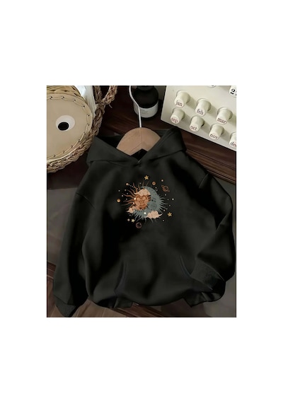 Herkesemoda Gezegen Ve Güneş Baskı Detaylı İçi Polarlı Kapüşonlu Sweatshirt Siyah