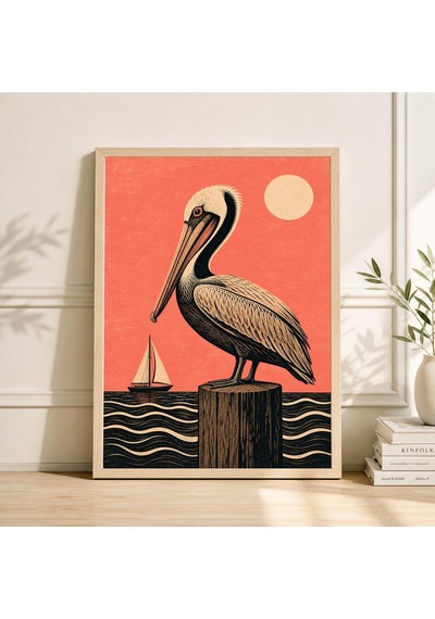 Pelican Okyanus Posteri Pembe Gün Batımı Manzarası Vintage Linol Baskı Sahil Duvar Sanatı