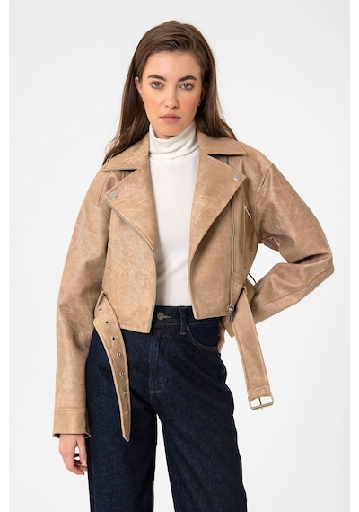 Antioch Kadın Suni Deri Crop Biker Ceket Bej