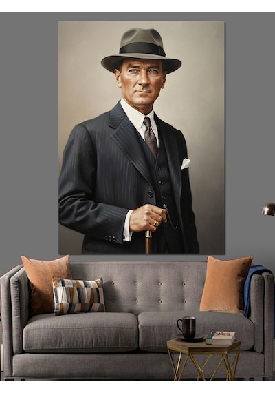 Ahşap Tablo Fötr Şapkalı Mustafa Kemal Atatürk Portresi