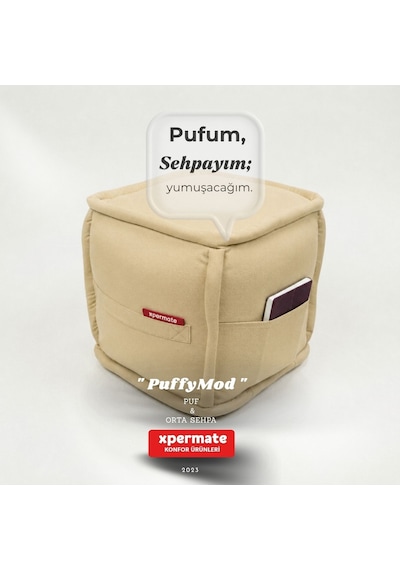 Dekoratif Kare Puf Orta Sehpa Ayak Uzatma Puf 40x40x42 Cm Puffymod Bej
