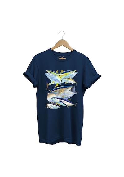 Balık Desenli Gümüş Balığı Baskılı %100 Pamuk Regular Fit Bisiklet Yaka Lacivert T-shirt Lacivert