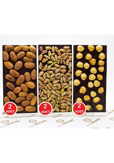 Dark Brown Bitter Tablet Çikolata Gerçek Saf Badem Fındık ve Antep Fıstıklı 6 x 100 G