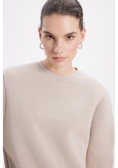 Tudors Kadın Oversize Geniş Kesim Pamuklu 3 İplik İçi Polarlı Basic Taş Bisiklet Yaka Sweatshirt-42070 Taş