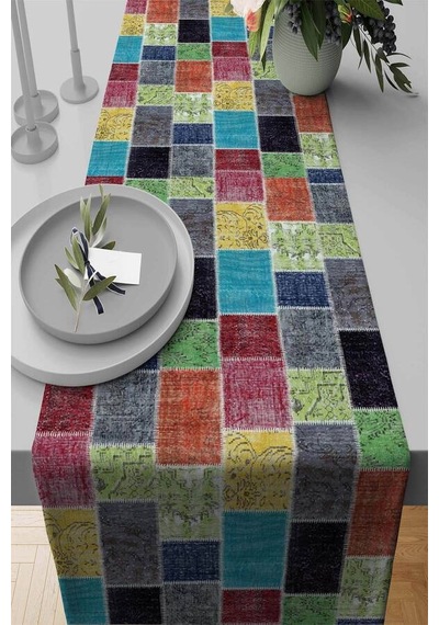 Çok Renkli Patchwork Premium Masa Örtüsü Runner Rnr288n11