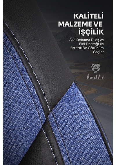 Mavi - Siyah Butti Bello Serisi Keten Kumaş Premium Oto Koltuk Kılıfı Ortopedik Destekli, Ön Arka Tam Set