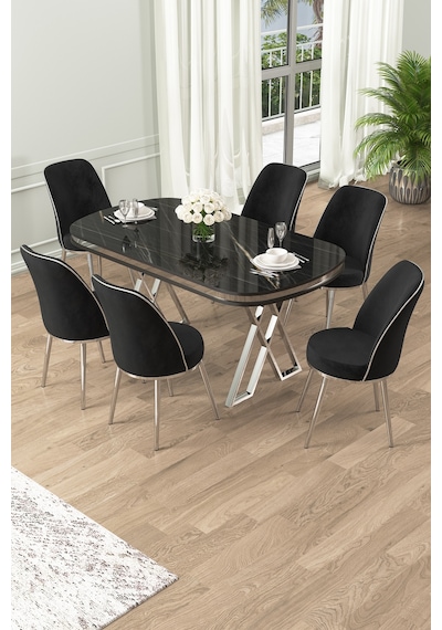 Canisa Lai Serisi 90x168 Lak Panel Sonata Krom Ayak Masa Takımı 6 Siyah Sandalye Masa Siyah Mermer Sandalye Siyah Krom Detay Canisa Lai Serisi 90x168 Lak Panel Sonata Krom Ayak Masa Takımı 6 Siyah Sandalye Masa Siyah Mermer Sandalye Siyah Krom Detay