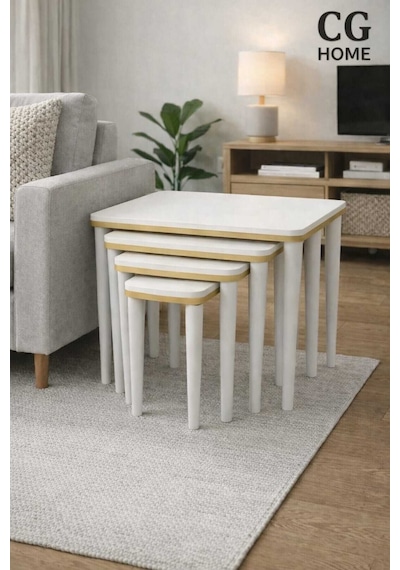 Ant Home Sahra 4 Lü Zigon Sehpa Seti Komple Lake Boyalı Gold Detaylı Modern Yan Sehpa Ekru