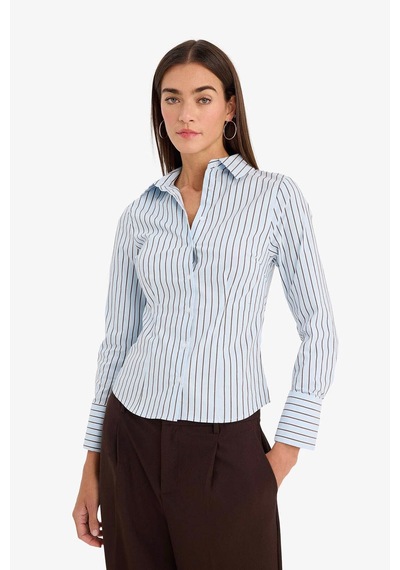Defacto Fitted Çizgili Poplin Gömlek F9209ax26spbe366 Mavi-be366