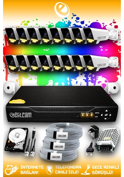 Elitcam 16 Kameralı Süper 16 Dış Kamera Set 1 TB 5 MP 2K Net Renkli Gece Görüşlü Güvenlik Kamerası Sistemi