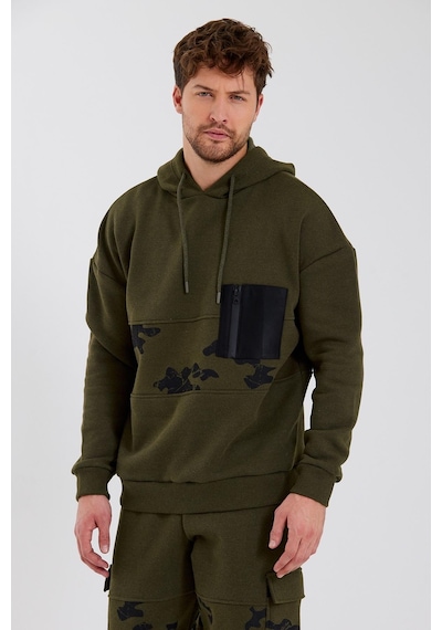 Polostate Erkek Kamuflaj Baskılı Kapüşonlu Sweatshirt Haki