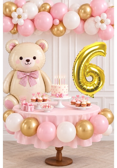 6 Yaş Retro Papyonlu Folyo Krem Ayıcık Pembe Gold Beyaz Balon Gold Rakam Doğum Günü Kutlaması Altın - Krem