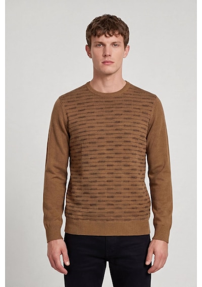 Sabri Özel Erkek Camel Normal Kesim Regular Fit Yünlü Standart Boy Dokuma Triko Kazak