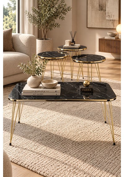 Odera Çift Bendir Siyah Mermer Desenli Orta Sehpa Ve Yuvarlak Zigon Sehpa 4'lü Set Tel Metal Ayaklı Retro Modern Salon Sehpası Diğer