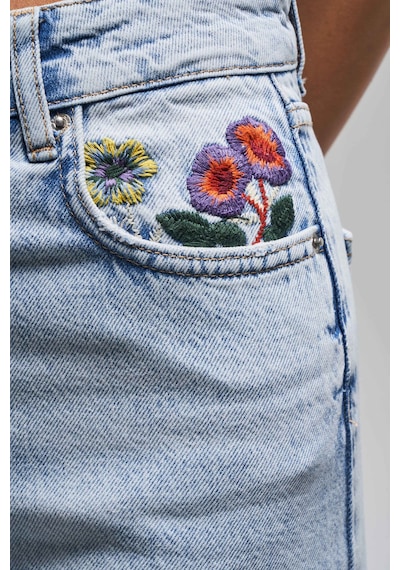 Itsbasic Kadın Ice Kot Rengi 4s5-3 Straight Fit Çiçek Nakışlı %100 Koton İç Boy 80 Cm Tasarım Denim Jean Buz Mavi