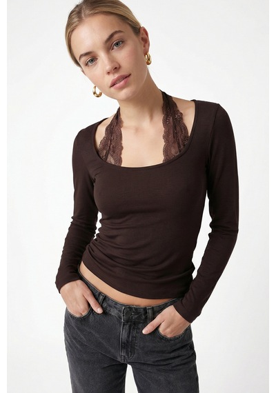Ritnice Kadın Emma Dantel Detaylı Uzun Kollu Kahverengi Basic Top / Bluz Kahverengi