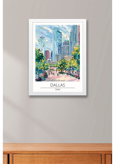 Texas Dallas Temalı Çerçeveli Tablo Travel Serisi Modern İllüstrasyon Şehir Duvar Dekoru Beyaz