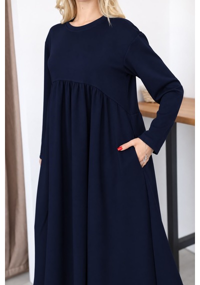 Esra Butik78 Lacivert Büzgülü Kesim Cepli Uzun Elbise-125 Cm