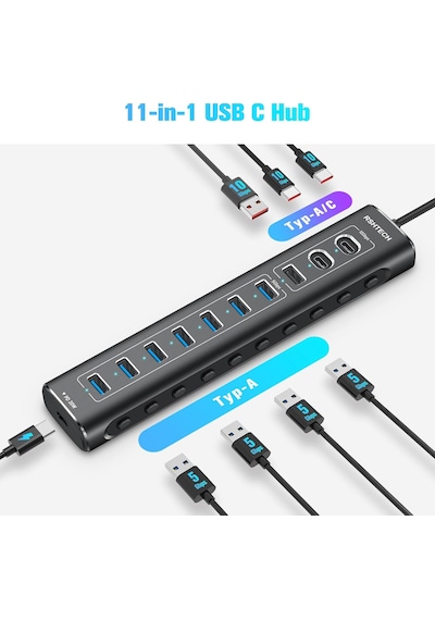 Usb C 3.2 Hub Aktif Güç Kaynaklı 60w 12/5a , 11 Port Usb C 3.1 Gen2 Hub 20w Pd, 3 X 10gbps Usb