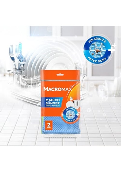 Macro Max Magico Bulaşık Süngeri 2'li Paket, Petek Dokulu Çizmez Kir Sökücü Sünger Açık Indigo
