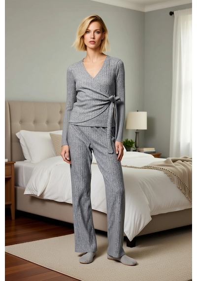 Benerly Kadın Kruvaze Yaka Uzun Kol Regular Fitilli Örme Pijama Takımı Fo Gri Melanj
