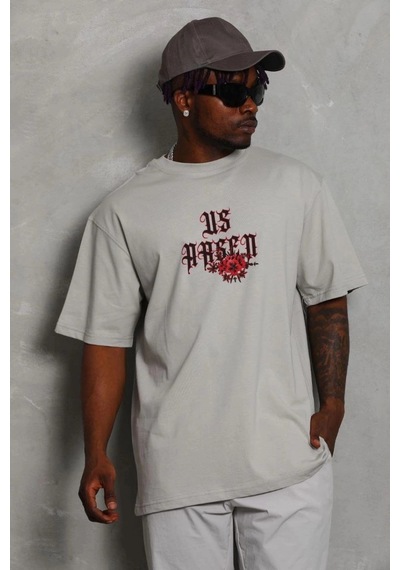 Freedom Storee Erkek Kısa Kol Yazlık Tişört Bisiklet Yaka Baskılı Oversize T-shirt - Gri Çok Renkli