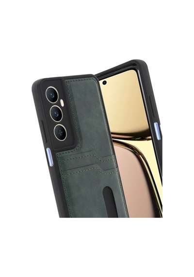 Realme C65 Uyumlu Deri Kartvizitli Kartlıklı Premium Telefon Kılıfı Kapak Koyu Yeşil