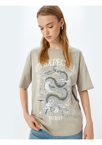 Koton Slogan Baskılı Bisiklet Yaka Kısa Kollu Oversize Tişört Gri 5sal10176ık Gri