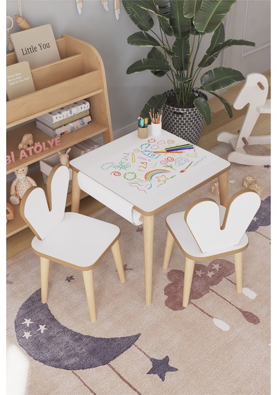 Resim Kağıdı Rulolu Çocuk Aktivite Masası 45x45 Cm 2 Sandalyeli Tavşan Sandalye Çok Renkli