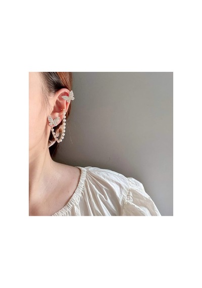 Lunarie Altın Zirkon Taşlı Kelebek İnci Zincir Ear Cuff Küpe