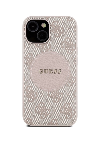 Apple Uyumlu iPhone 15 Kılıf Guess Lisanslı M-safe Şarj Özellikli Yazı Logolu Circle Classic Kapak Pembe