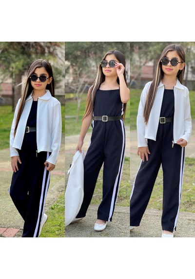 Modavals Kemer Hediyeli Beli Lastikli Şerit Detaylı Garson Boy Kız Çocuk Siyah Tulum & Ceket Kombin Çok Renkli Modavals Kemer Hediyeli Beli Lastikli Şerit Detaylı Garson Boy Kız Çocuk Siyah Tulum & Ceket Kombin Çok Renkli