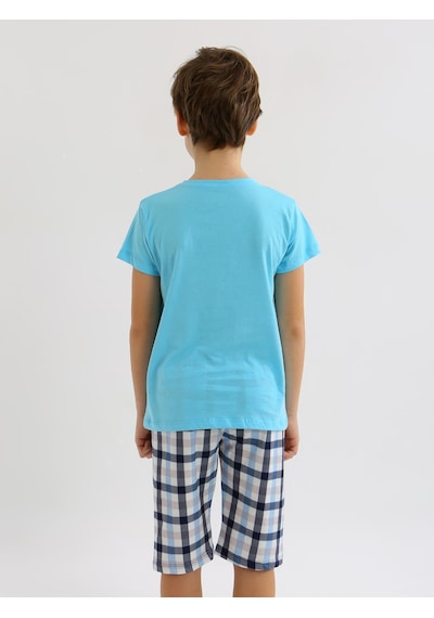Vitmo Erkek Çocuk Kısa Kollu Kapri %100 Pamuklu Pijama Takımı Hello Weekend Turkuaz