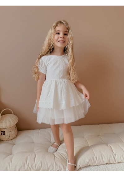 Lace Fistolu Ekru Elbise Ekru