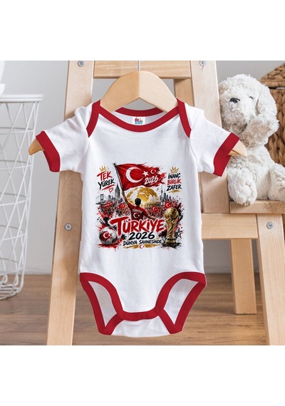 Bk Gift Türkiye Taraftar Temalı 2026 Dünya Kupası Tasarımlı Kırmızı Bebek Body Zıbın-8 Tek Yürek Milli Takım Ruhu