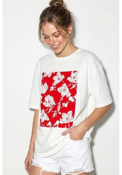 Shade Kadın Bisiklet Yaka Çiçek Baskılı Oversize %100 Pamuklu T-shirt Öt100001 60286273 - Beyaz-kırmızı Beyaz - Kırmızı