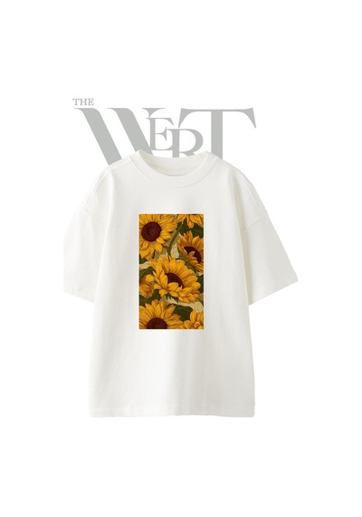 Thewert Sunflower Pattern Tasarım Baskılı Ünisex Beyaz Oversize T-shirt