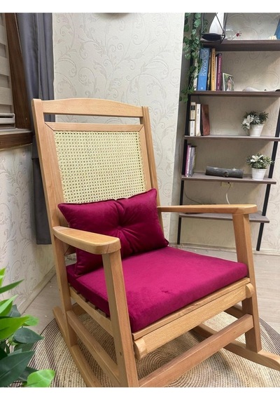 Asedia Veranda Naturel Fuşya Minderli Hasırlı Sallanan Sandalye Dinlenme Koltuğu