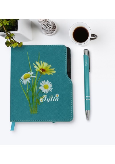 Kişiye Özel Papatya Temalı Turkuaz Termo Deri Defter Kalem Seti-1 N11.4153