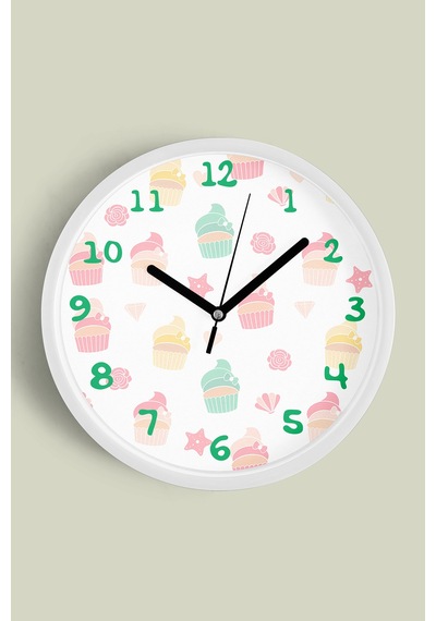 Cupcake Desenli Mutfak Duvar Saati - 42cm - Önü Camlı Beyaz Kasa - Sessiz Mekanizma Beyaz