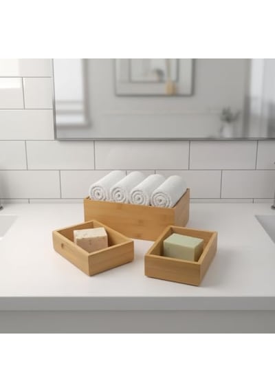 Deconox 3'lü Modüler Bambu Organizer Set - Üst Üste Geçebilen Çok Amaçlı Çekmece İçi Ve Masaüstü Düzenleyici Kutu - Banyo, Mutfak Ve Ofis İçin Ahşap Saklama Seti Açık Bej