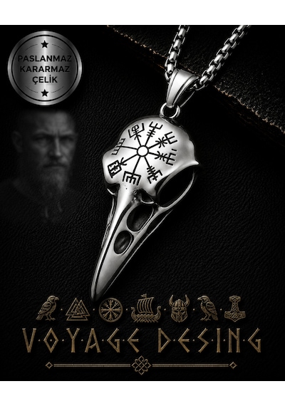 Vegvisir Sembol Paslanmaz Çelik Viking Kuzgun Kurukafa Erkek Çelik Raven Kolye Metalik Çelik