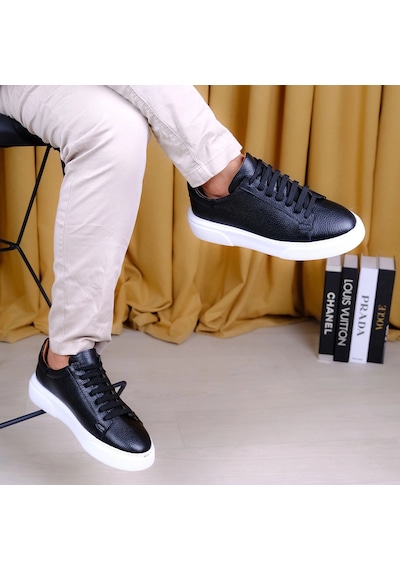 Twingold Kişiselleştirilebilir Kalın Ortopedik Tabanlı %100 Deri Sneaker Spor Ayakkabı - Siyah - Beyaz Siyah