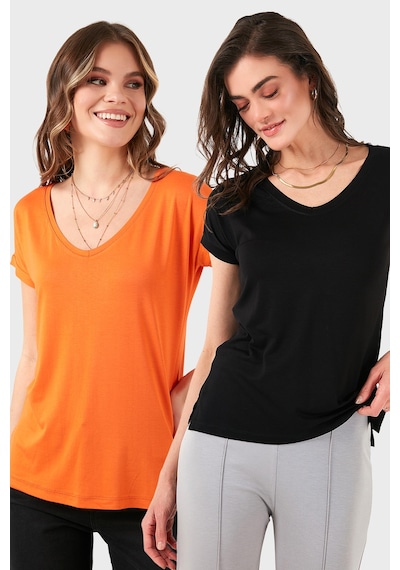 Lela V Yaka Relaxed Fit Yırtmaç Detaylı 2'Li Paket Bayan Bluz 5862000S2 Siyah-Oranj