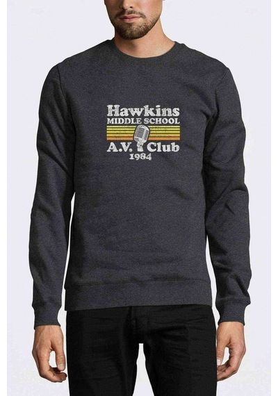 Stanger Things Hawkins Middle School A Baskılı Füme Erkek Sweat